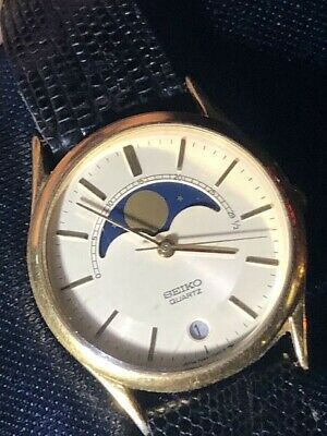 Vintage Seiko Moonphase 7434 7008 Quartz Dress Watch Date Blk