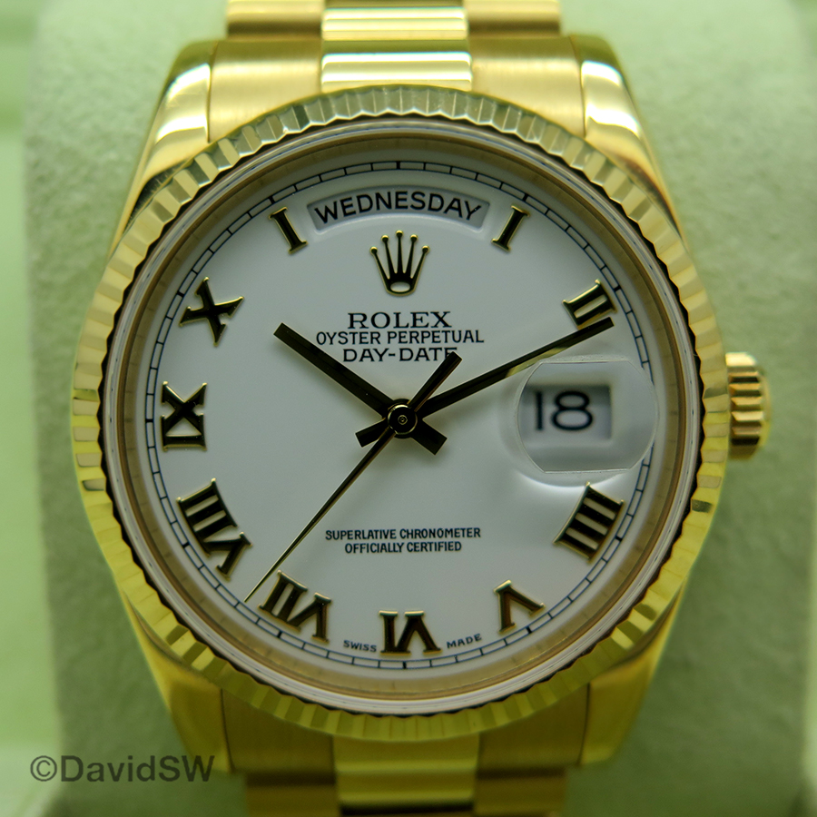 FS Rolex 118238 18K YELLOW GOLD 36MM DAY DATE WHITE ROMAN DIAL K