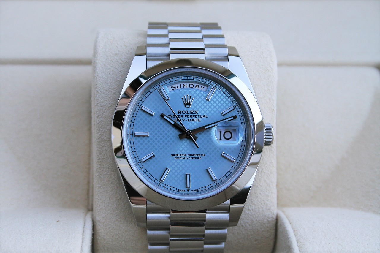 Rolex Day-Date 40 Platinum 228206 40 Ice Blue Motif Dial Box & Papers 2018  - OMEGA BULLION LLC