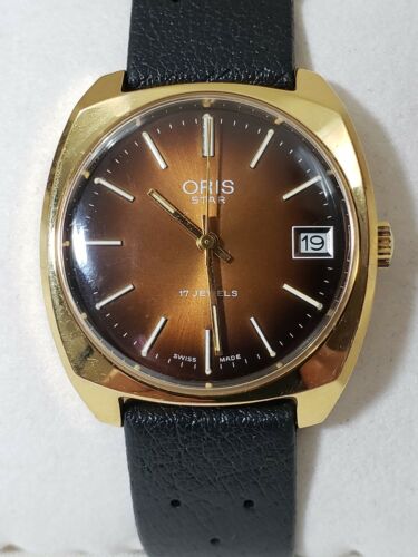 Vintage Oris Star Swiss Mens 17 Jewel Gold Plated Watch Black Band