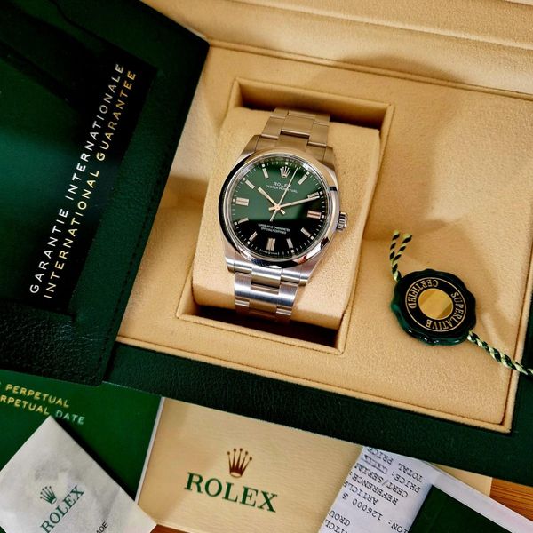 Rolex Oyster Perpetual 36mm Green dial. Unworn, Sticker. Full Set ...