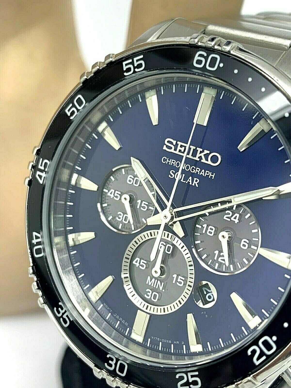 seiko men's solar chronograph silvertone watch with blue dial