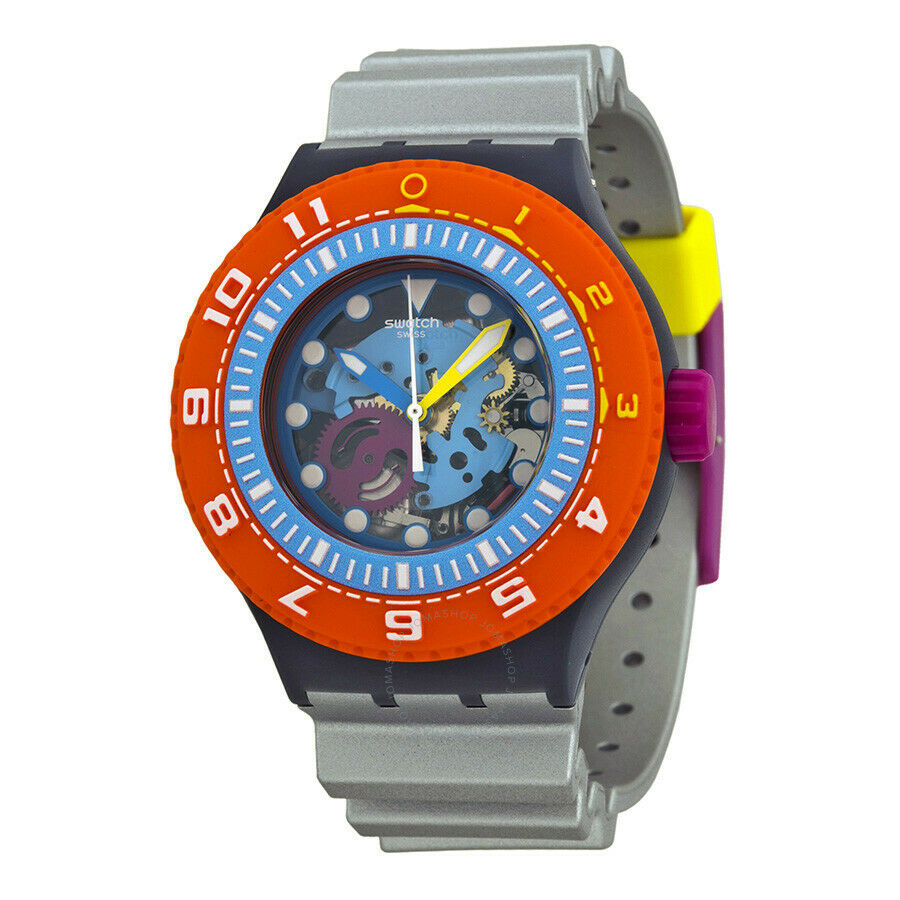 New Mens Swatch SUUM101 Sea-through Blue transparent Silver Rubber