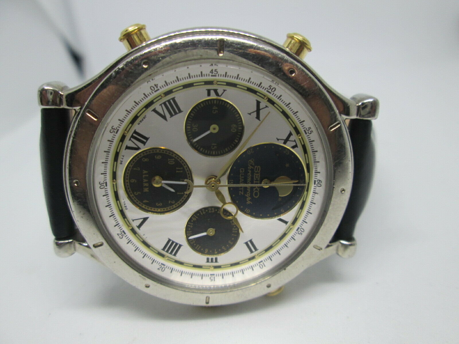 RARE SEIKO AOD 7T36 7A10 MOONPHASE ALARM CHRONOGRAPH 18KGP SS