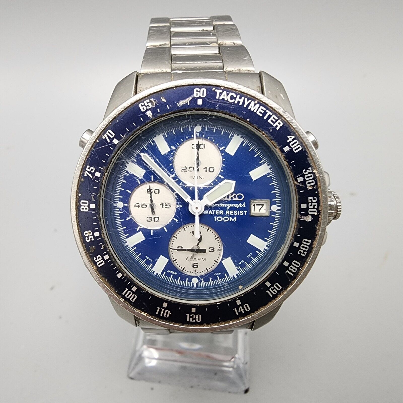 Seiko Chronograph Watch Men Silver Tone Blue Dial 100M Alarm 7T32