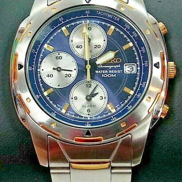 Men's Seiko 7T62-OAEO Alarm Chronograph Date Blue D 100M 2T SS Watch NEW  BATTERY | WatchCharts