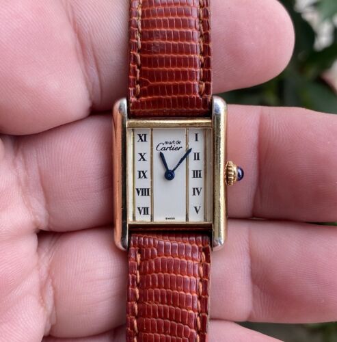 Must De Cartier Vermeil Tank Argent 925 Roman Numeral Dial Quartz