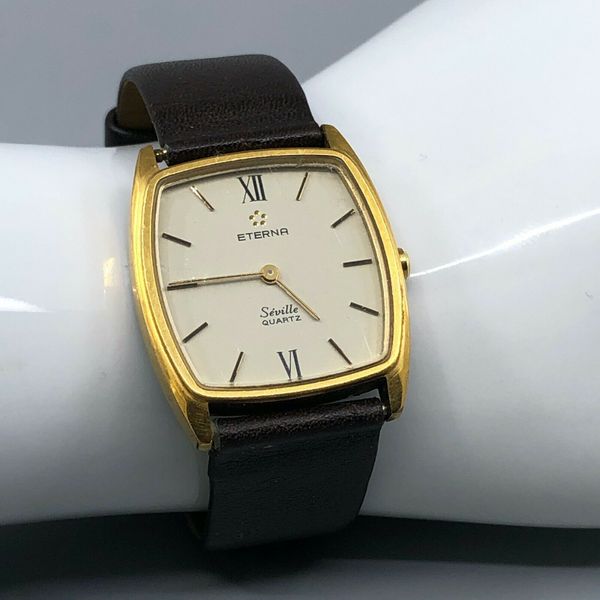 Eterna Seville Mens Quartz Watch Swiss Gold Tone Brown Leather 