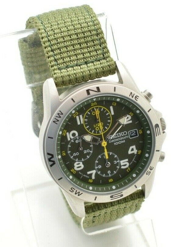 Seiko Chronograph Watch 100M 7T92-0DX0 Military Green Strap