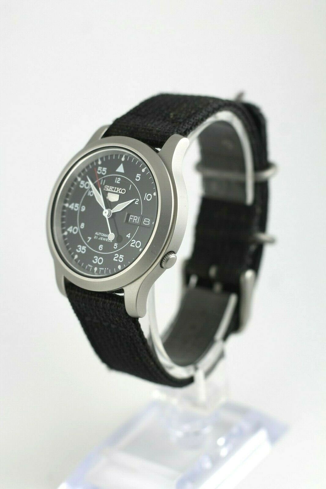 men's snk809 seiko 5 automatic stainless steel watch with black canvas strap