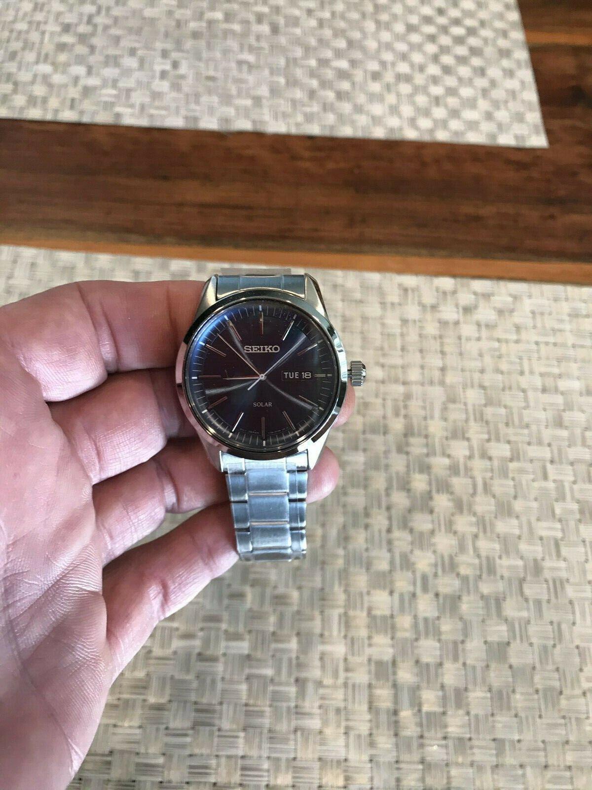 New Seiko SNE525 Men's Essentials Day/Date Solar Quartz Blue Dial