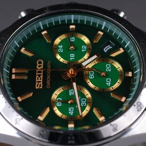 MINT w/Box** SEIKO 8T63-00D0 Chronograph Green Dial Quartz Leather