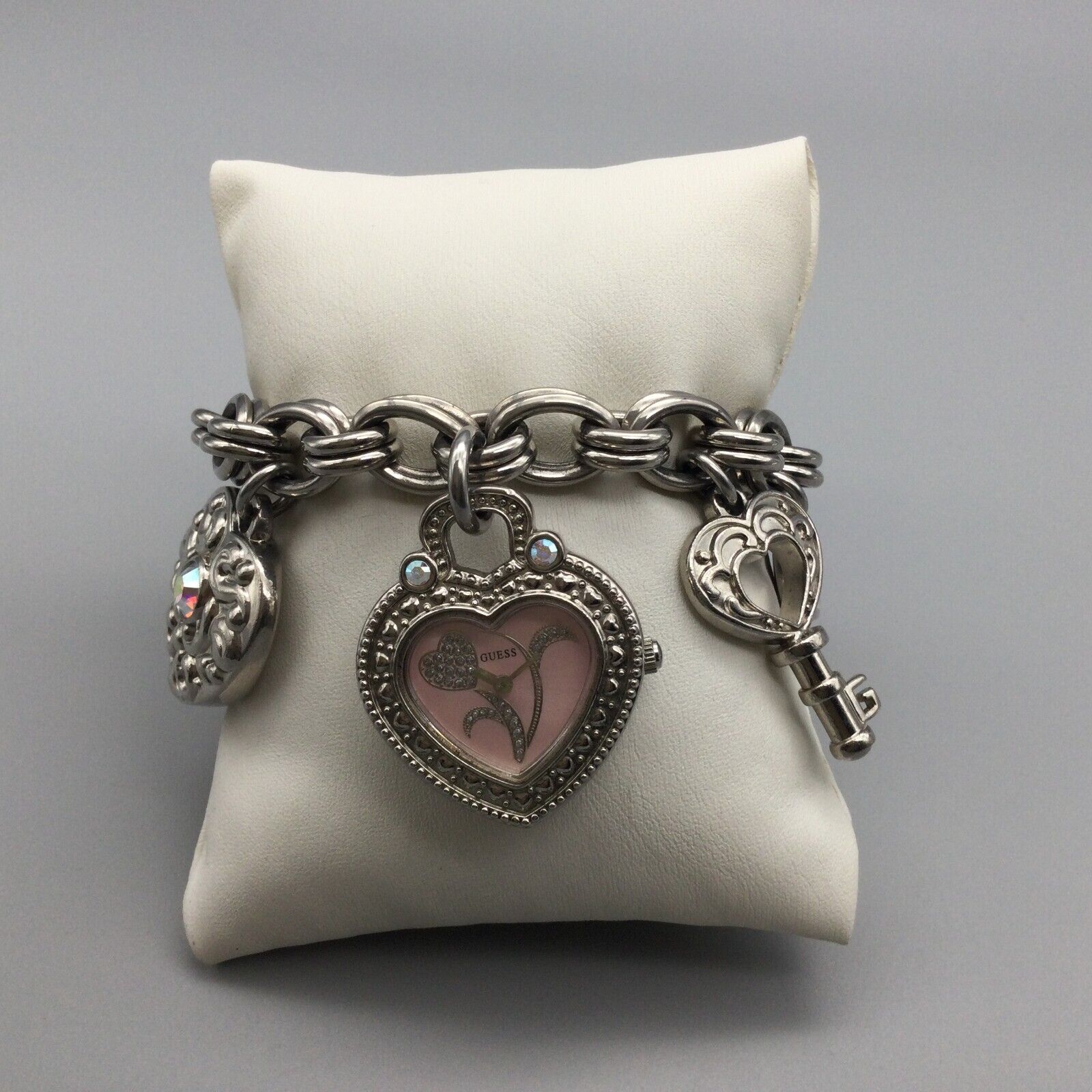 GUESS Silver Heart-Link Bracelet Watch with Pink Dial Guess Silver Rhinestone Heart Link Pink Dial Bracelet Watch  main image 2