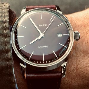 Timex Marlin Automatic 40mm Leather Strap Watch; Burgundy/Silver Tone |  WatchCharts