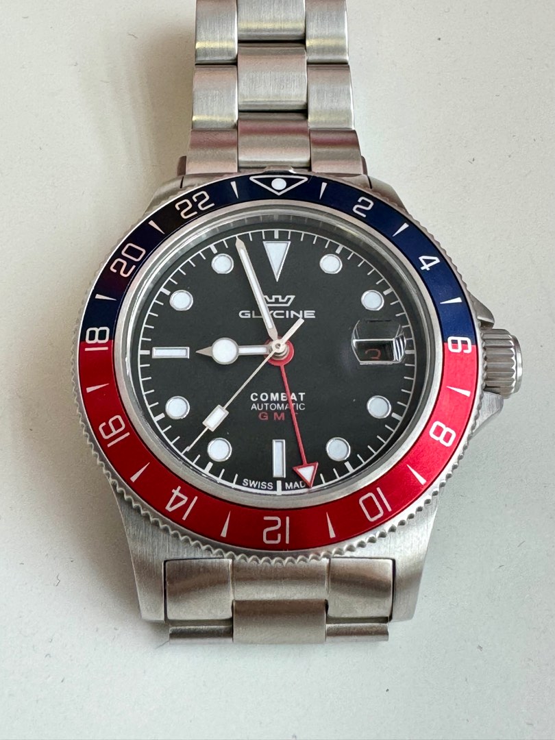 Glycine Combat SUB 42 Sports GMT Blue Red Gnomon Watch 42mm