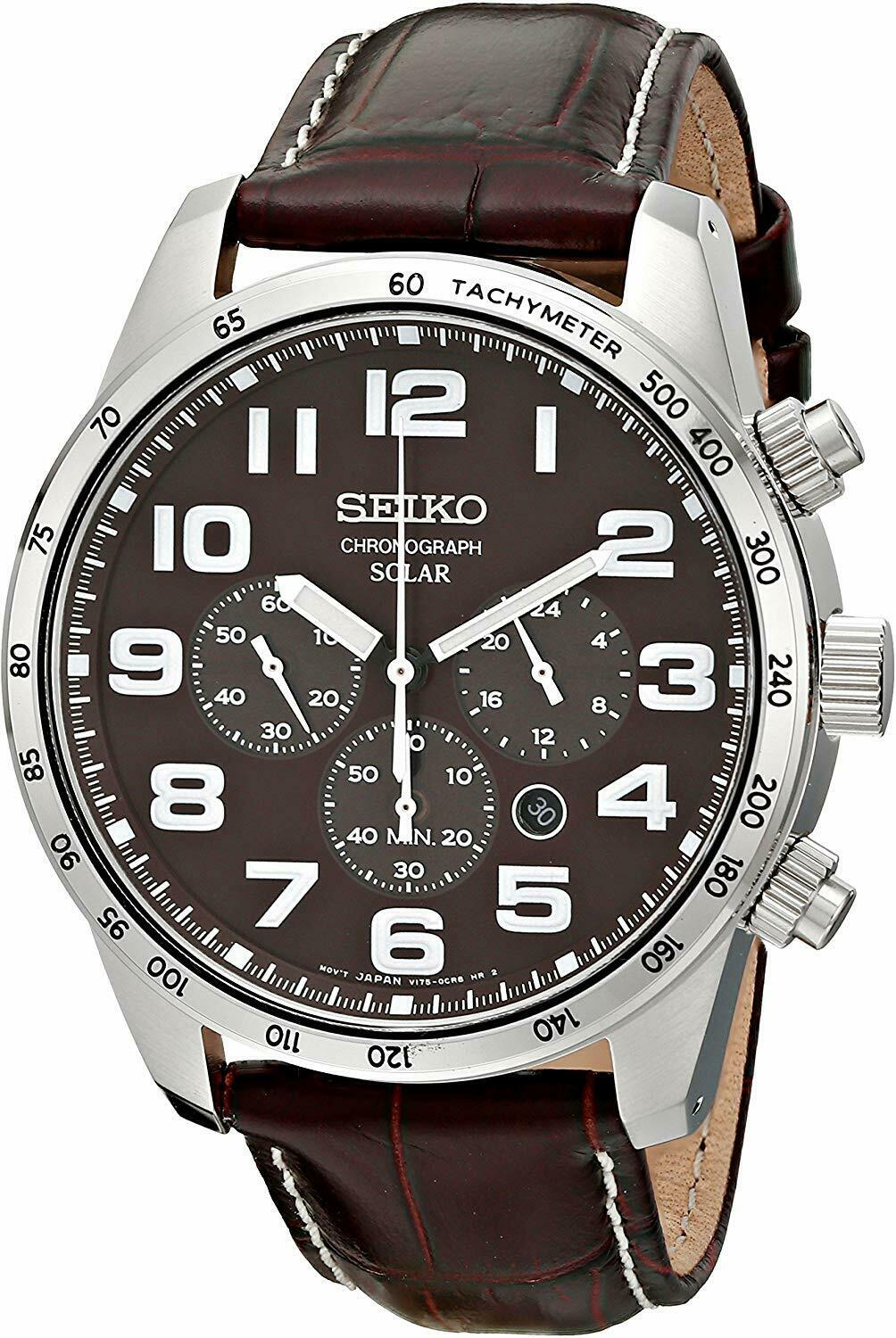 Seiko SSC227 Solar Chronograph Brown Leather Band Brown Dial Date