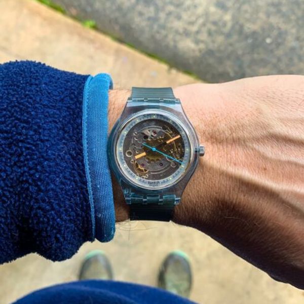 1991 Vintage Automatic Swatch Watch SAN100 Blue Matic Great Cond 