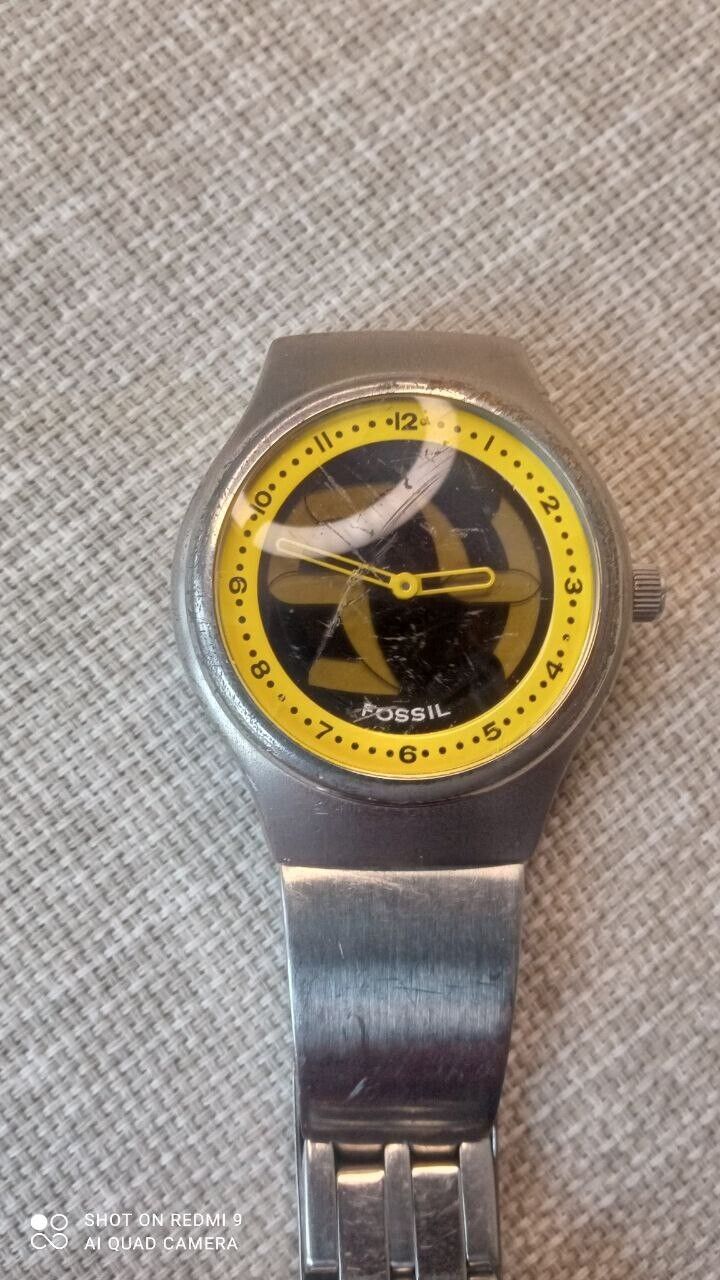Fossil Big Tic Watch Men Silver Tone Yellow Dial Analog