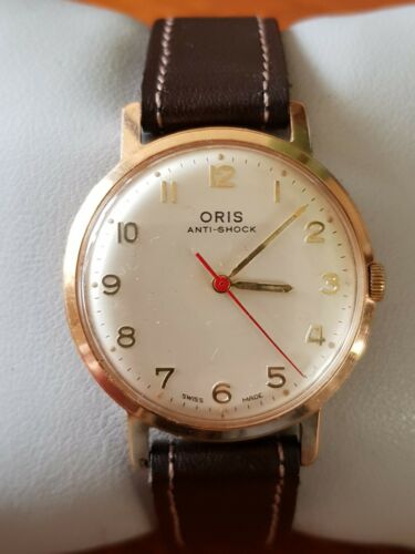 MENS GOLD PLATE MILITARY STYLE VINTAGE ORIS ANT SHOCK RED CENTER