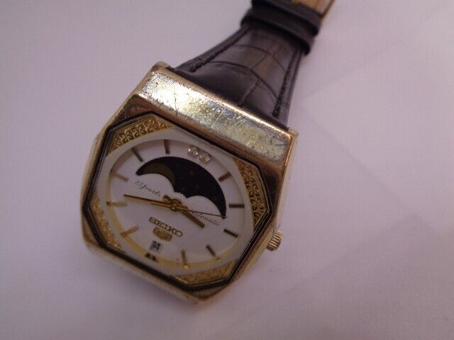 Seiko Moonphase Mens Watch Date Automatic White Dial 6347-6010 Sn