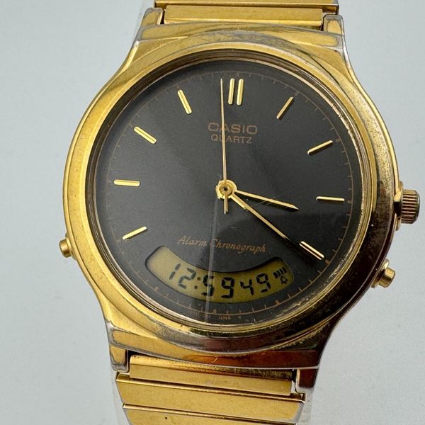 VTG CASIO Watch AQ-305 Unisex Gold Tone Analog Digital Alarm Chrono New ...