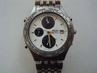 微妙にレア？【セイコークォーツ World Timer】5T52-7A20◆クロノグラフ/世界ベゼル◆SEIKO ワールドタイマー◆メンズ腕時計◆範