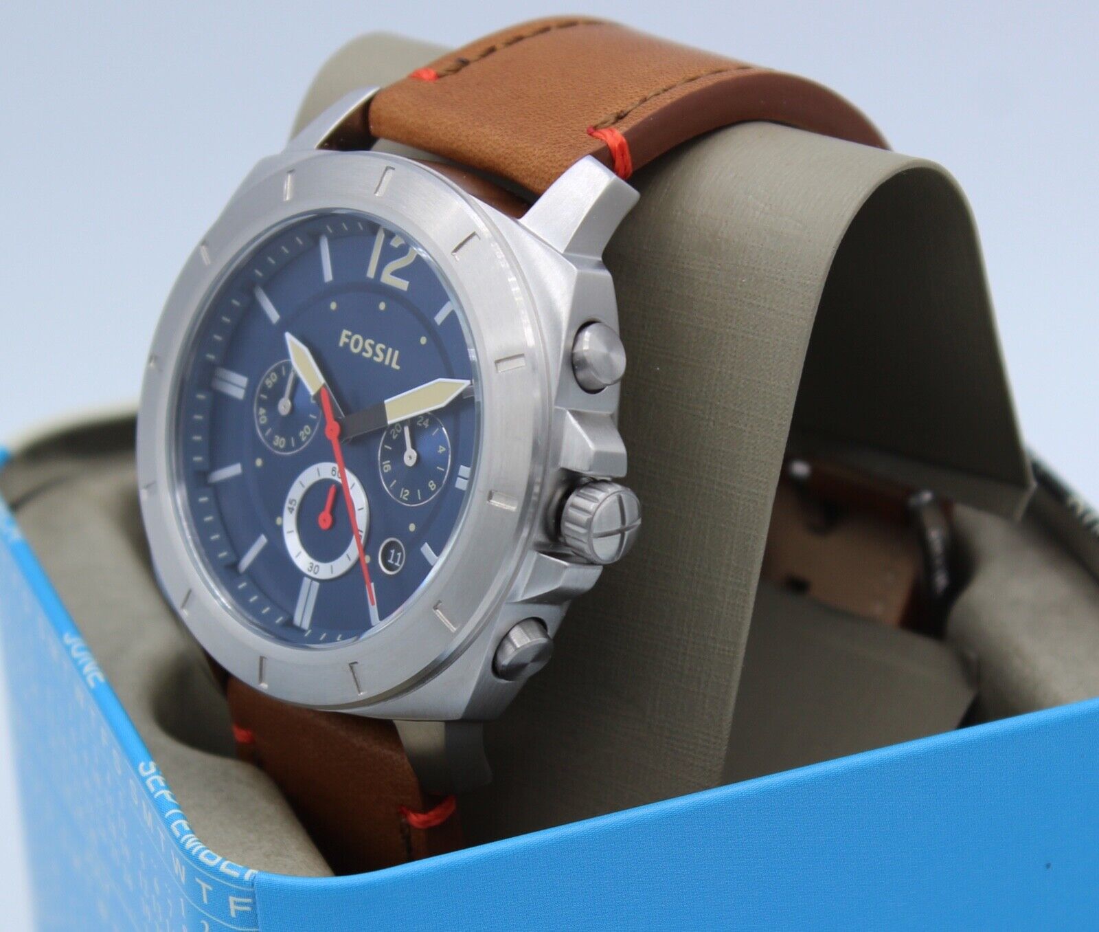 NEW AUTHENTIC FOSSIL PRIVATEER CHRONO SILVER BLUE BROWN LEATHER