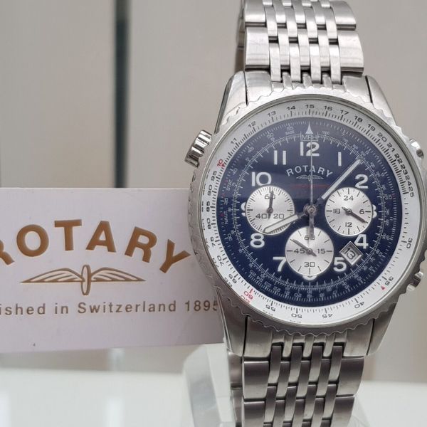 ROTARY Mens Watch Blue face Steel Bracelet Chronograph RRP£230 Boxed ...