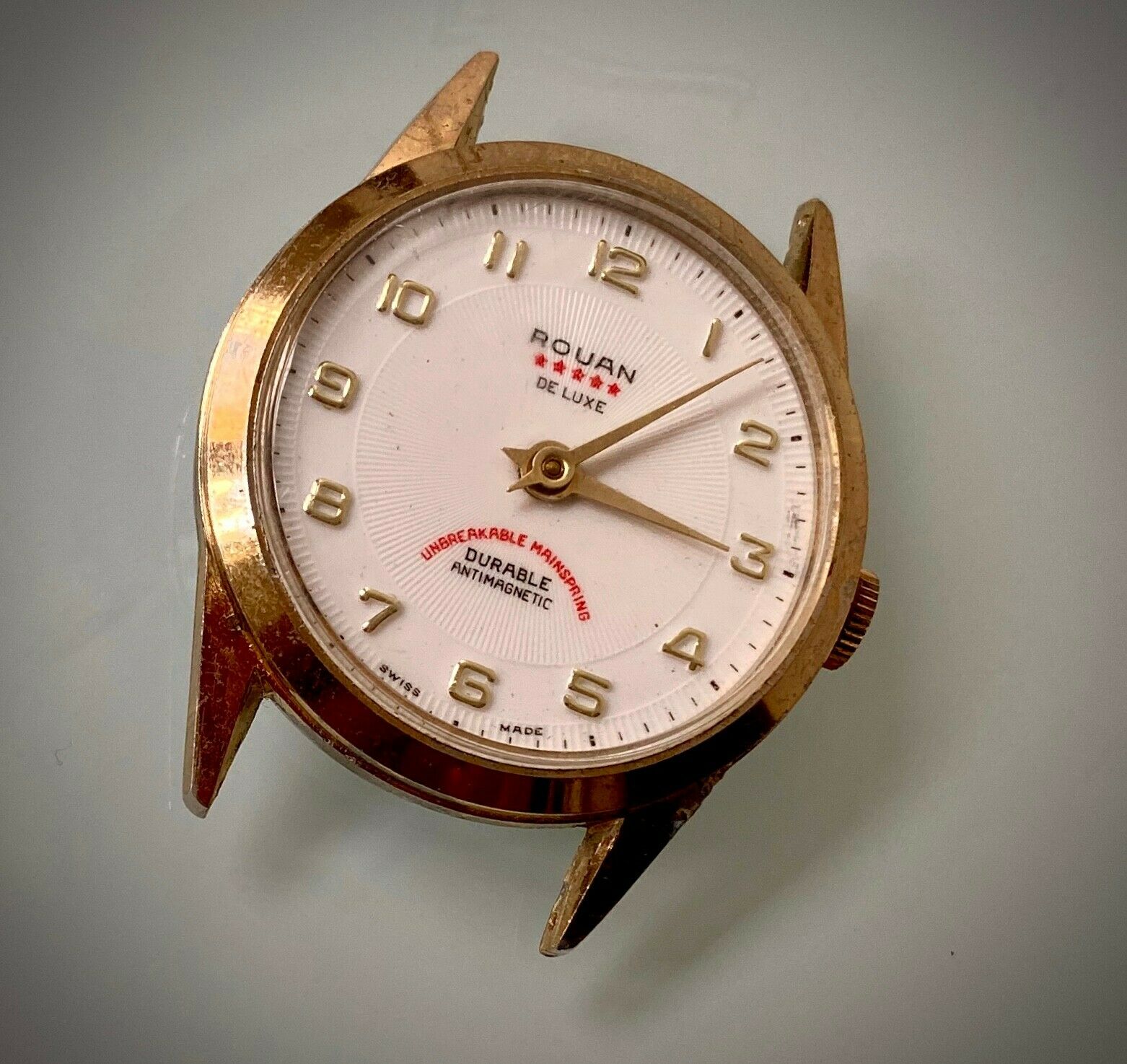 Vintage Rouan Deluxe 1 Jewel Watch Diamond Toole Swiss Made Gold Tone No Band RARE Vintage ROUAN DELUXE Mens SWISS Mechanical. Diamond  main image 4