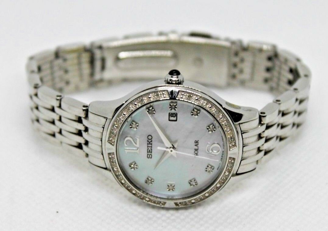 Seiko Ladies V137-0AN0 Solar Mother of Pearl Silver Tone Swarovski 