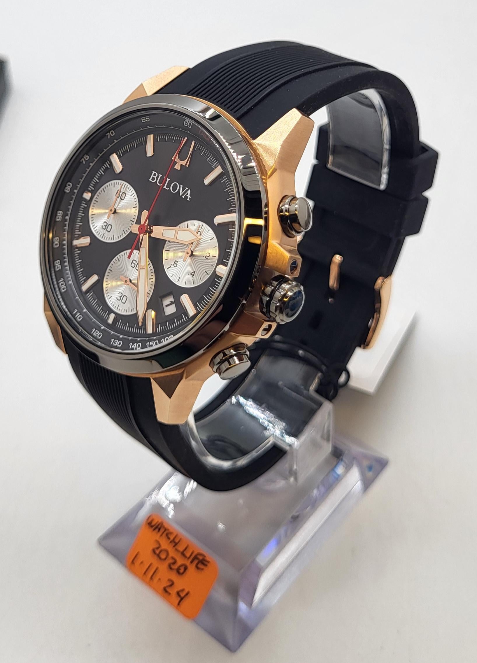 Bulova men's quartz chronograph rose gold shop case black band 44mm watch 98a192