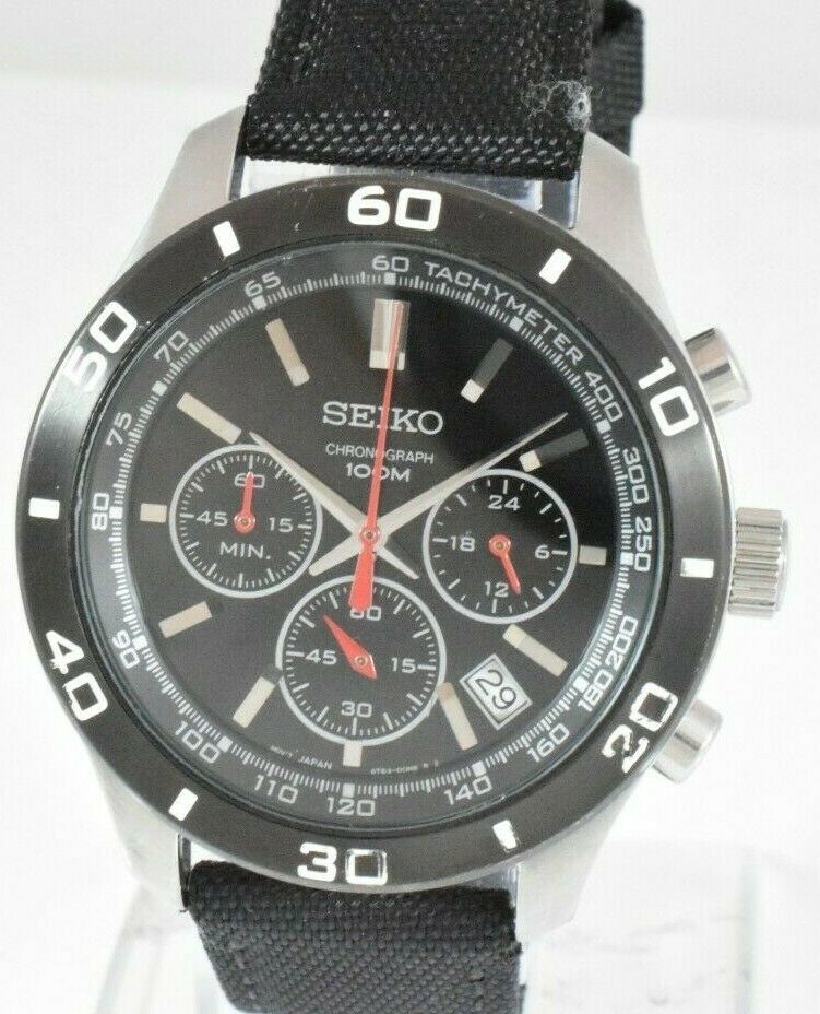 Mens Seiko Chronograph 100M Quartz Watch Black Red Dial