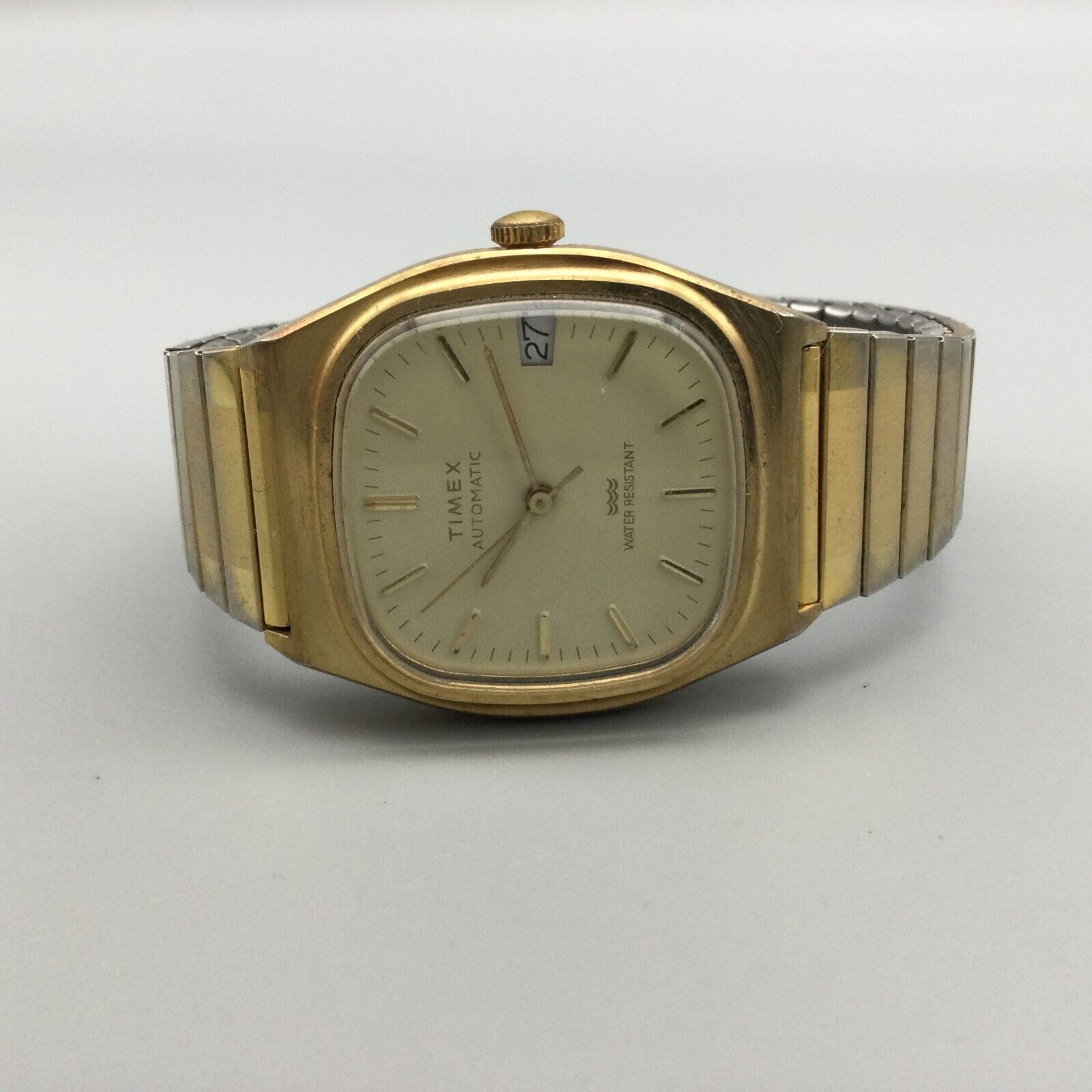 Vintage Timex Men\'s Automatic Day Date Gold Tone Wristwatch Stretch Band Vintage Timex Watch Men 34mm Gold Tone Date Square Stretch  main image 3