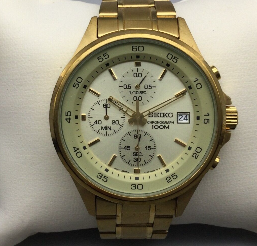 Seiko Chronograph Watch Men Gold Tone 4T57 00E0 Date 100M New