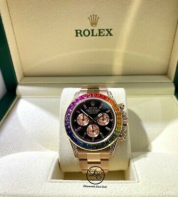 Rolex Daytona 116505 Custom Rainbow Diamonds and Sapphires 18K Rose Gold Watch Mint