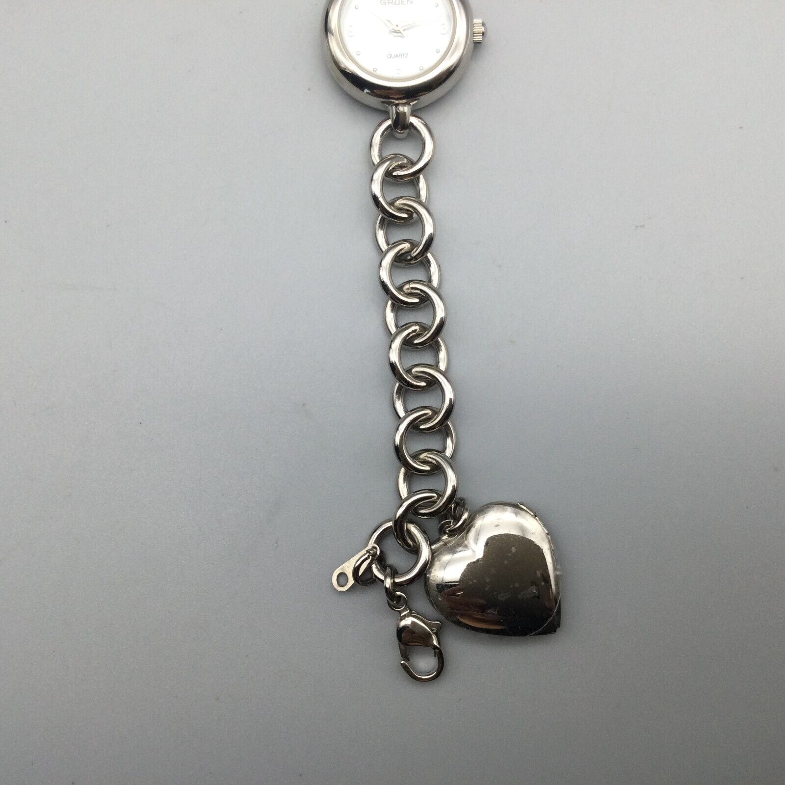 Silver Heart Charm Bracelet with Watch New Battery Gruen Watch Women Silver Tone Heart Charm Bracelet Band MOP  main image 4