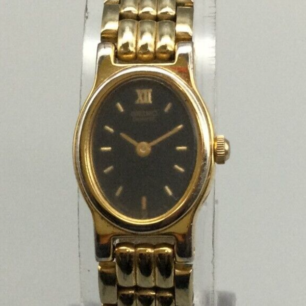 Vintage Seiko Watch Women Gold Tone Oval Black Dial New Battery 