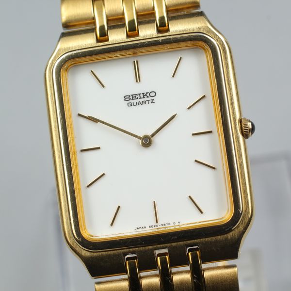 Vintage 1990 [Near MINT] Seiko 5E20-5B20 Gold Rectangle Quartz Mens ...