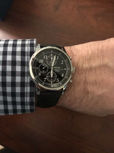 seiko men's sndc33 classic black leather black chronograph dial watch