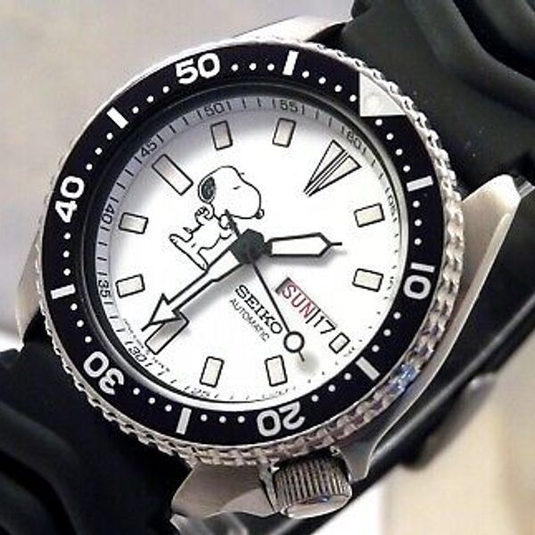 Seiko White Snoopy Peanuts Scuba Divers Day Date Automatic Watch Custom