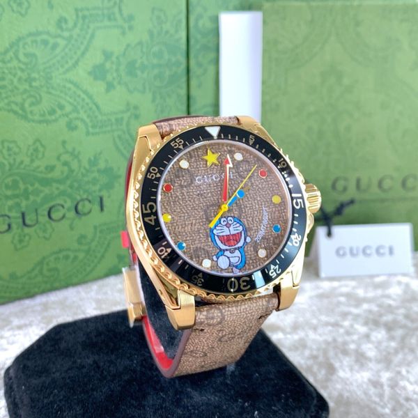 Gucci Dive Doraemon Brown Dial Brown Leather Strap Watch For Men - YA136334