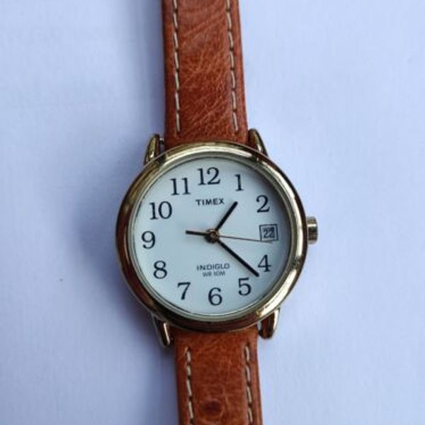 Montre Vintage Timex Indiglo 376 - Boîtier Or, Bracelet Cuir Marron - Occasion Homme