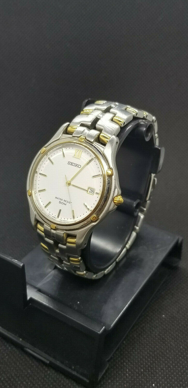 SEIKO 7N32 0049 MEN S STAINLESS GOLD TONE WRISTWATCH WATCH RUNNING