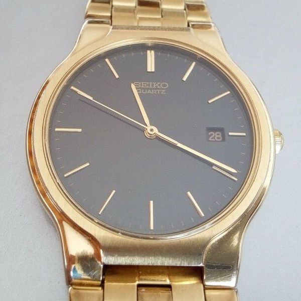 SEIKO 5Y32-7000 rare vintage men's wristwatch gold plated black dial ...
