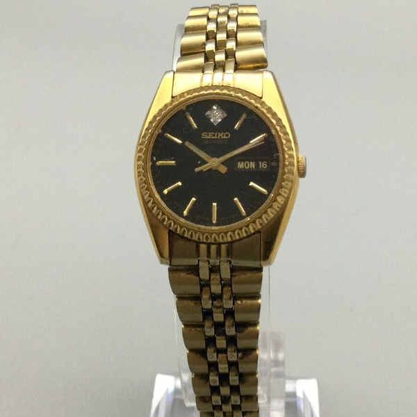 Vintage Seiko Watch Women Gold Tone Day Date Black Dial 7N83-0041 New ...