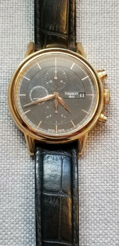 Men s TISSOT Carson T085427 Gold Case Black Face Black Leather