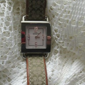 Coach Brown Signature C Canvas Watch with Silver Tone Case ⌚Coach ~ Silver Square Face 0221 Watch Signature C Canvas  main image 3