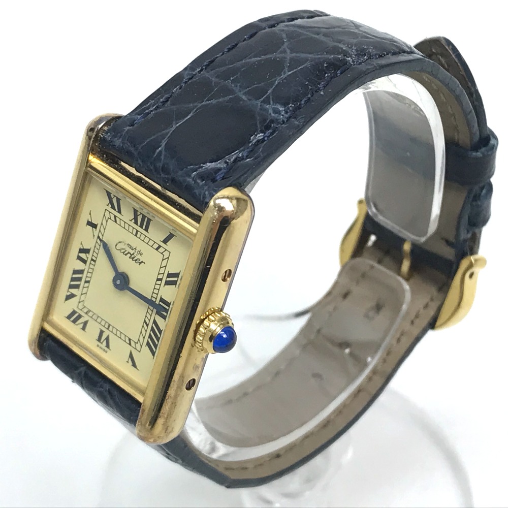 CARTIER Cartier Vermeil Must Tank Vintage Watch SV925 / Leather Belt Ladies  Gold x Navy Belt [Used] | WatchCharts Marketplace