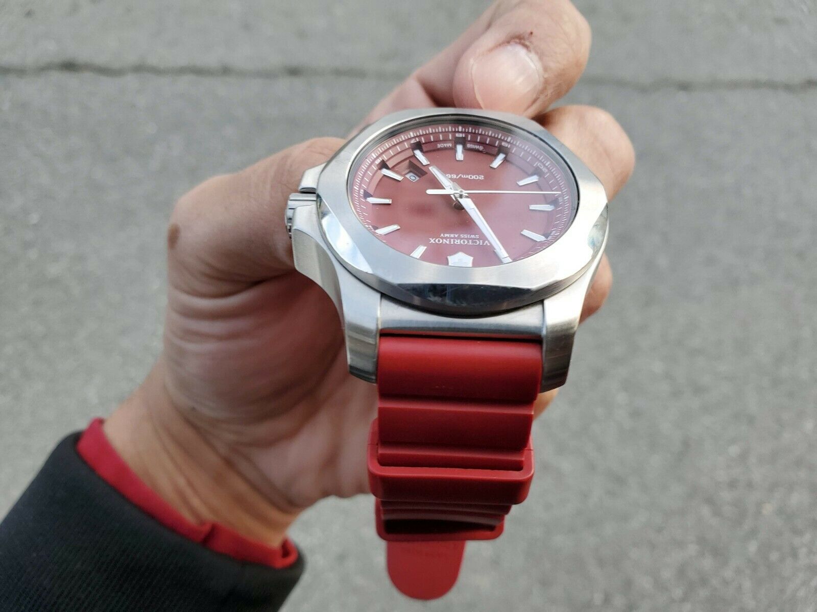 Victorinox INOX Red Dial Stainless Steel Rubber Band Men s Watch