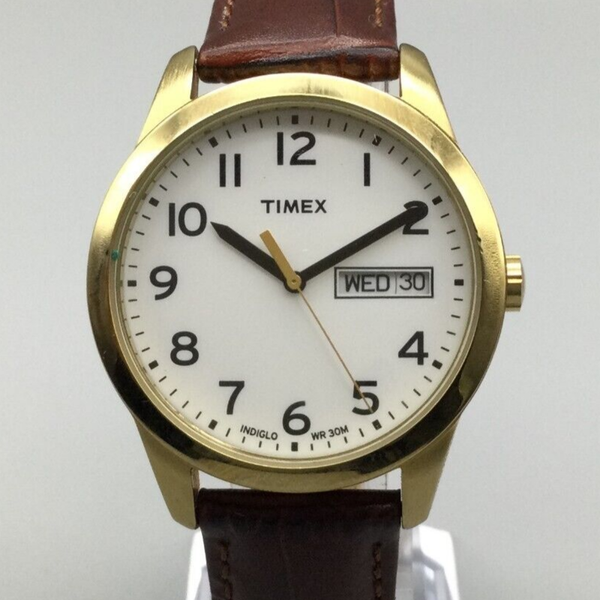 Timex Easy Reader Watch Men Indiglo 36mm Gold Tone Day Date Leather New ...